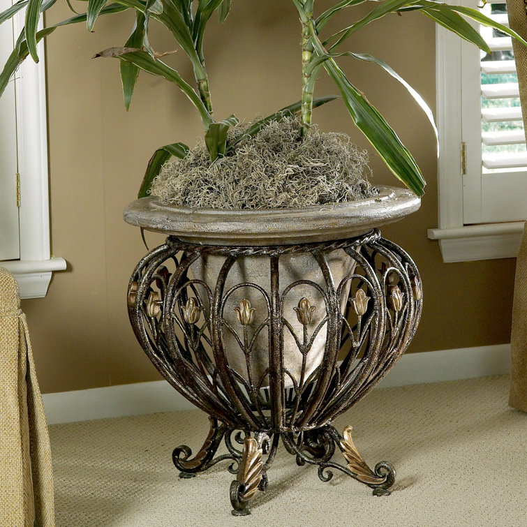 Heritage Brown Cast Stone and Metal Planter with Ornate Detailing