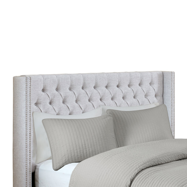 Gray King Upholstered Tufted Wingback Headboard with Nailhead Trim