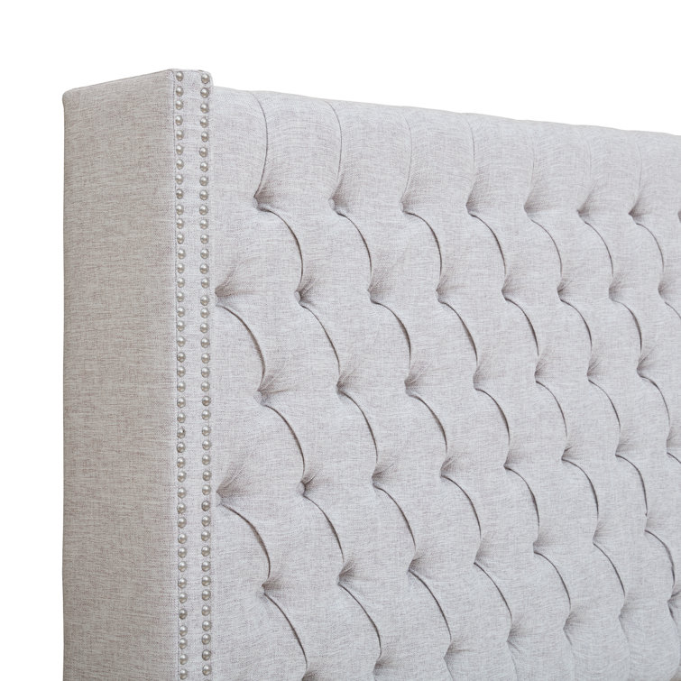 Gray King Upholstered Tufted Wingback Headboard with Nailhead Trim