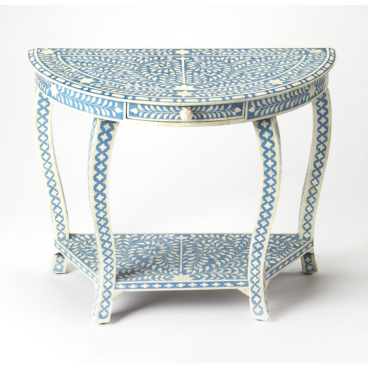 Vivienne Blue Bone Inlay Demilune Console Table with Storage