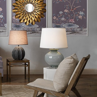 Cornflower Blue Glass Table Lamp with White Silk Shade