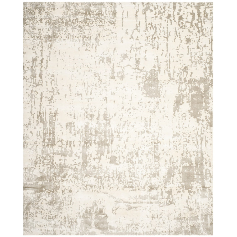 Ivory and Gray Hand-Knotted Abstract 9' x 12' Rug