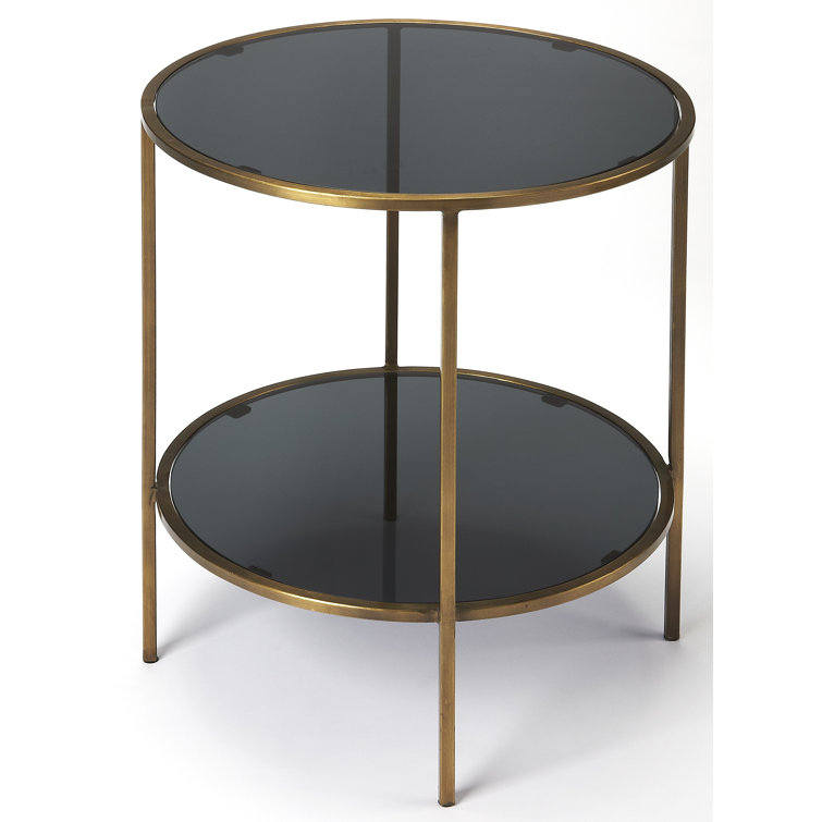 Roxanne 20" Round Antique Brass & Black Glass End Table