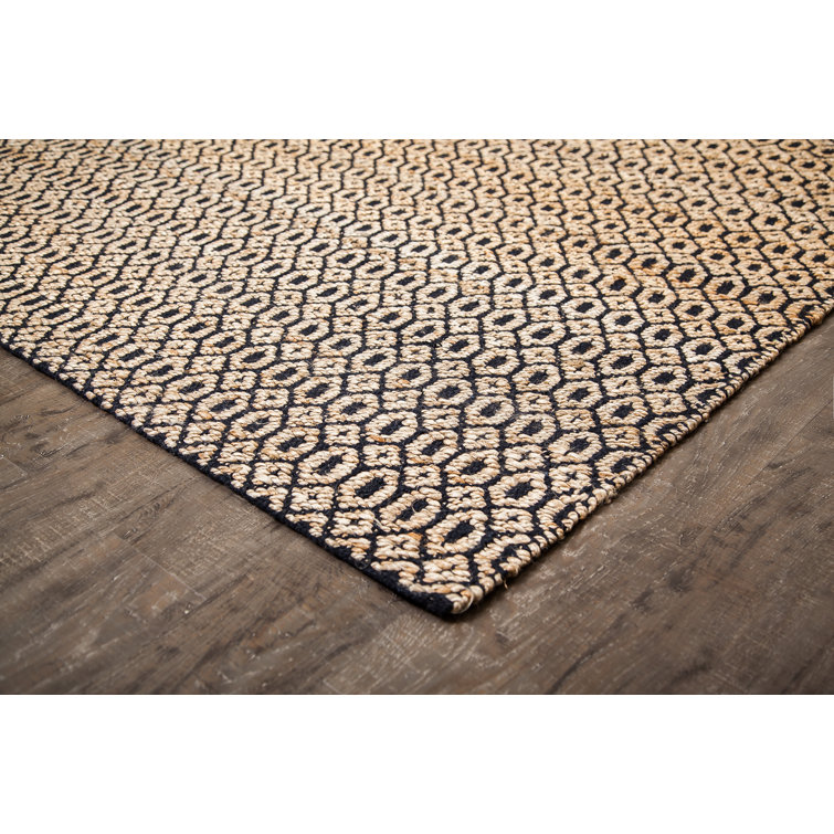 Handwoven Black and Tan Geometric Jute Cotton Rug, 4' x 6'