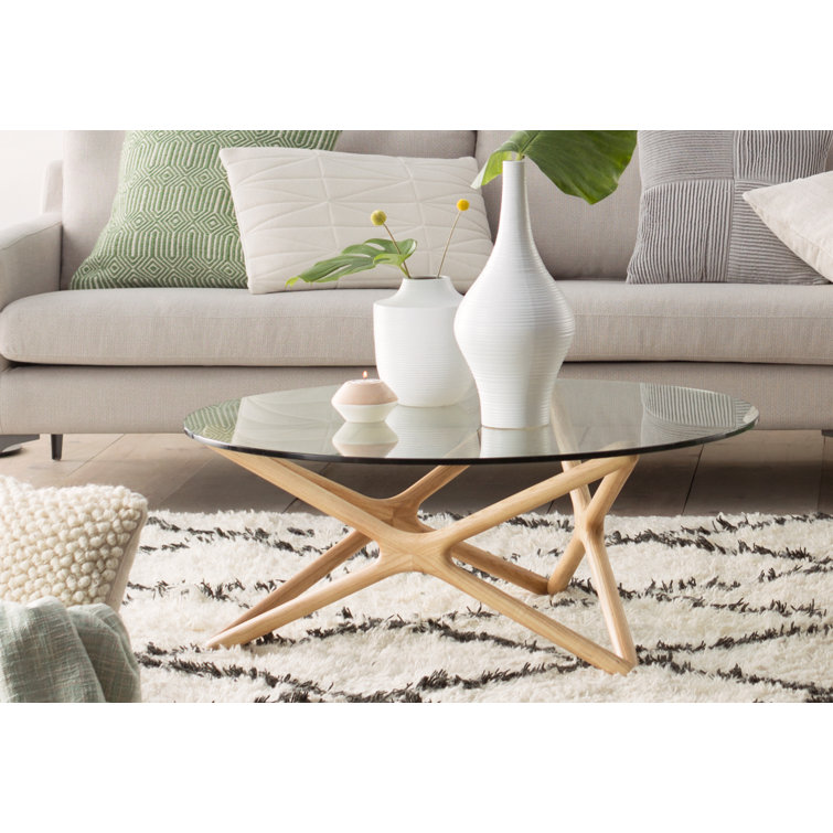 Natural Wood X-Leg Round Glass Coffee Table