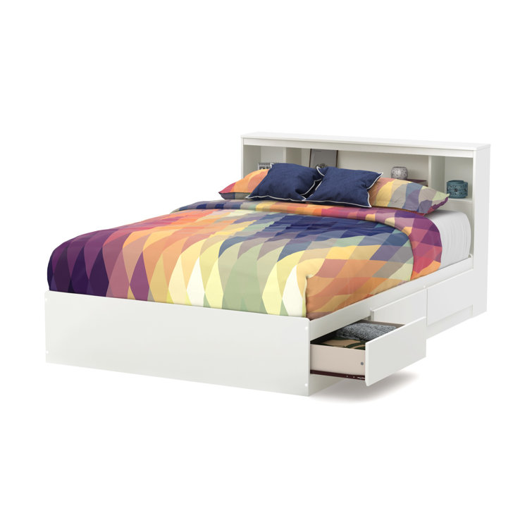Full White Wood Captain's Bed with 3 Drawers and Bookcase Headboard