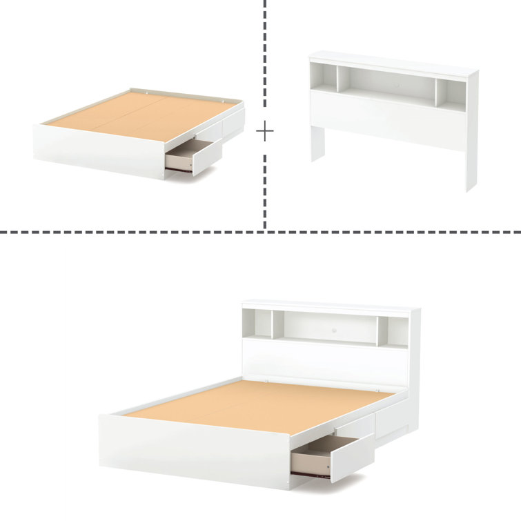 Full White Wood Captain's Bed with 3 Drawers and Bookcase Headboard