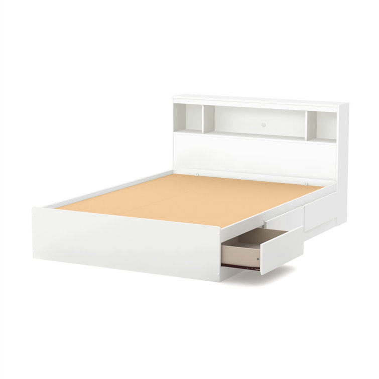 Full White Wood Captain's Bed with 3 Drawers and Bookcase Headboard