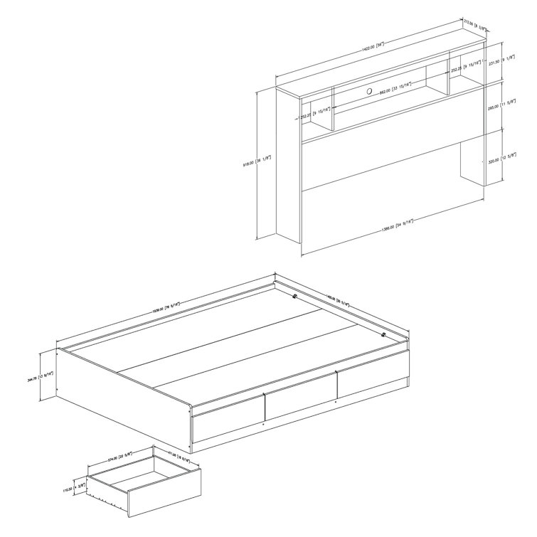 Full White Wood Captain's Bed with 3 Drawers and Bookcase Headboard