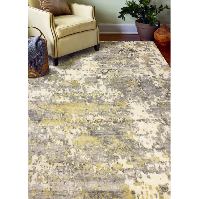 Gray and Beige Hand-Knotted Abstract 10' x 14' Rug