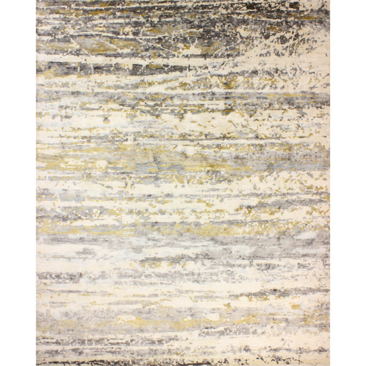 Gray and Beige Hand-Knotted Abstract 10' x 14' Rug
