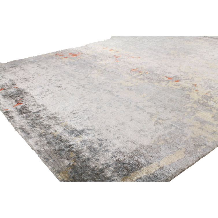 Gray Hand-knotted Viscose Abstract Rectangular Rug 6' x 9'