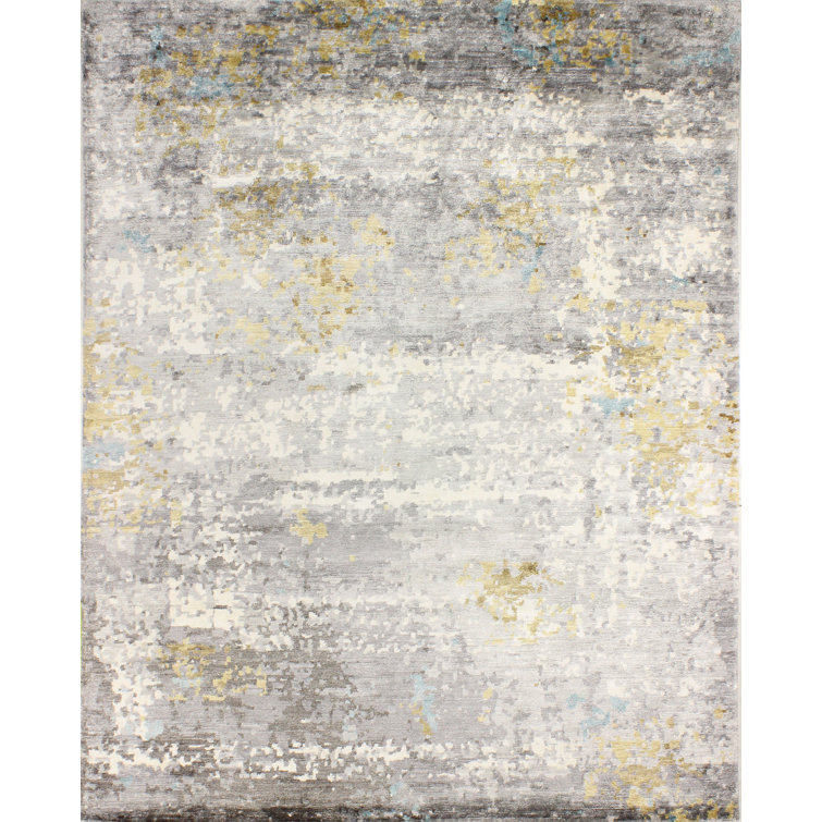Gray Hand-knotted Viscose Abstract Rectangular Rug 10' x 14'