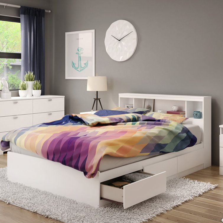 Full White Wood Captain's Bed with 3 Drawers and Bookcase Headboard