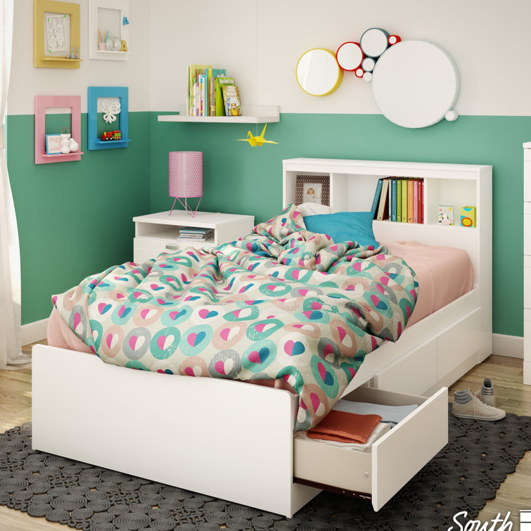 White Twin Platform Bed with Storage and Bookcase Headboard