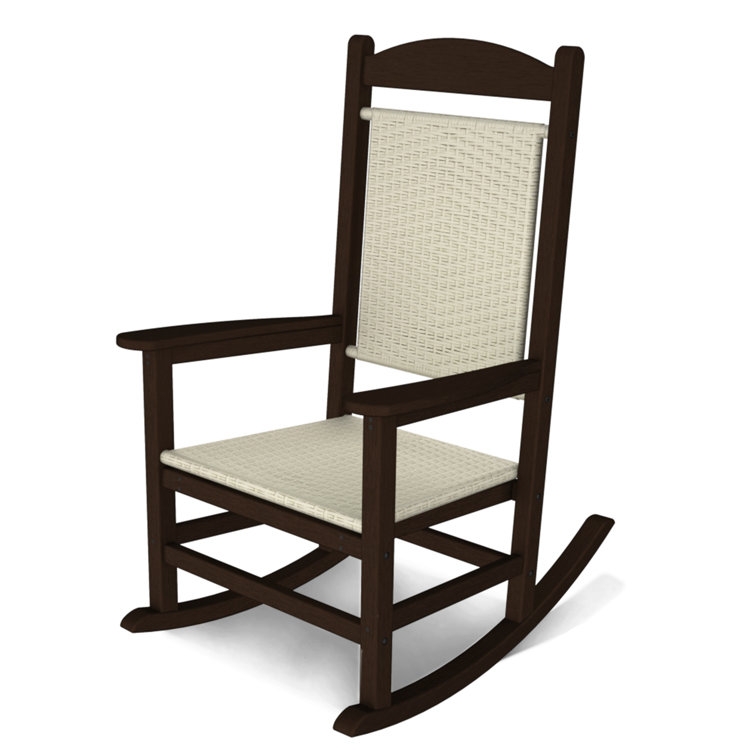 Mahogany and White Woven Outdoor Rocking Chair with Arms