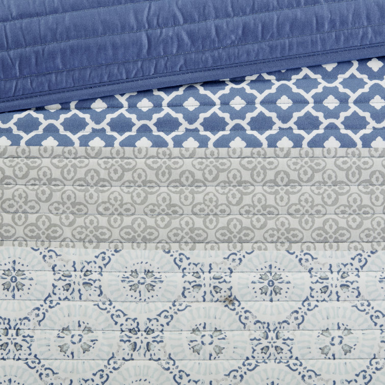 Blue Cotton Reversible California King Quilt Set