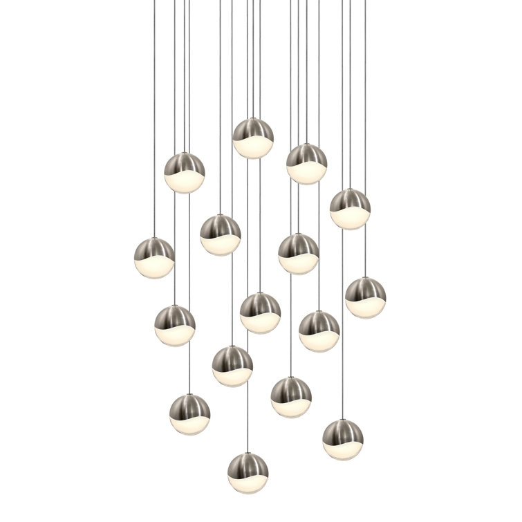 Satin Nickel Crystal 16-Light LED Cluster Square Pendant