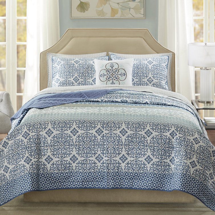 Blue Cotton Reversible California King Quilt Set