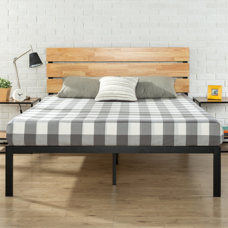King Black Metal and Bamboo Wood Platform Bed with Slats and Drawer