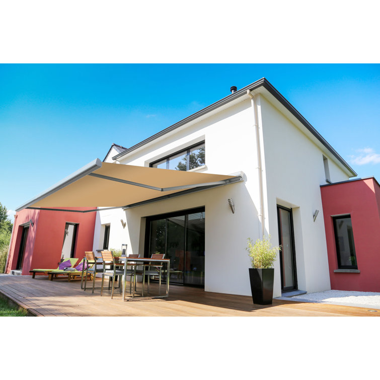 Garden Green and Sand Beige Striped Retractable Electric Awning