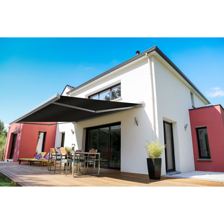Heather Gray Motorized Retractable Patio Awning with Acrylic Fabric