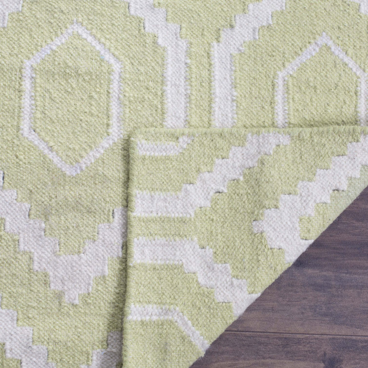 Ivory and Green Geometric Wool Square Rug, 6' x 6'