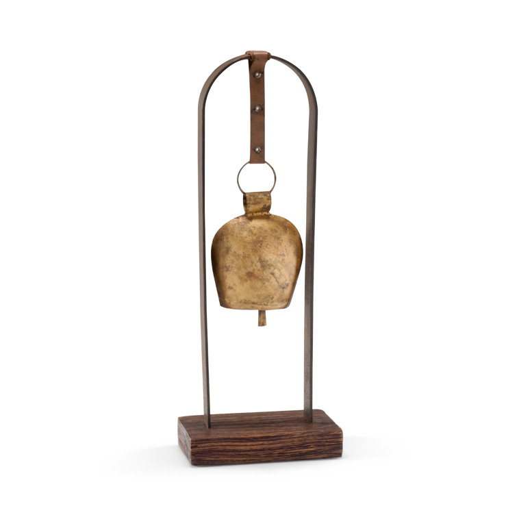 Rustic Brass Horseshoe Bell with Iron and Wood Stand