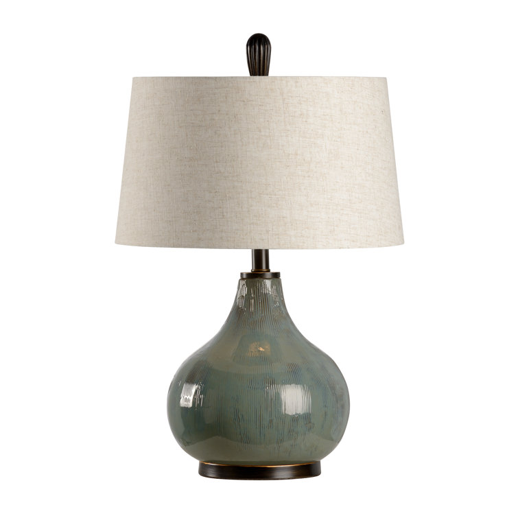 Moss Green Ceramic Table Lamp with Linen Shade