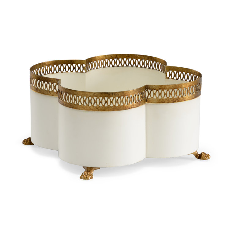 Cream and Antique Gold Filigree Metal Cachepot with Claw Feet