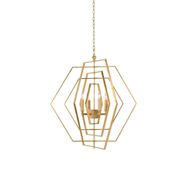 Antique Gold-Leaf Brass Hexagon 4-Light Chandelier