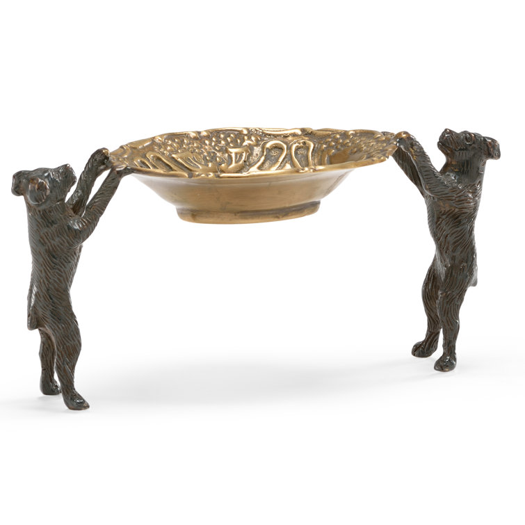 Bronze Patina Dogs Holding Brass Dish Sculpture