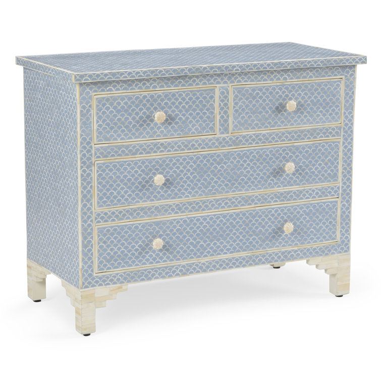 Coastal Elegance Blue and White Bone Inlay 4-Drawer Chest