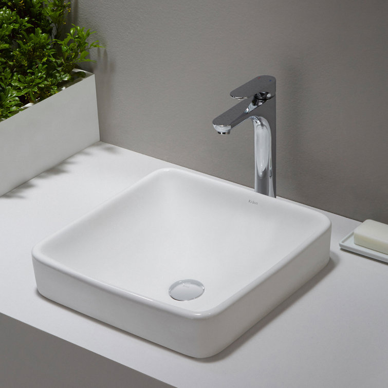 Elavo White Ceramic Square Semi-Recessed Bathroom Sink