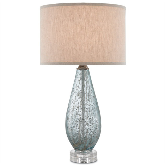 Pale Blue Speckled Glass Table Lamp with Natural Linen Shade