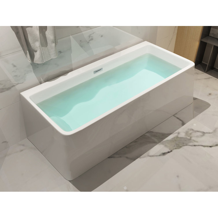 59'' White Freestanding Rectangular Acrylic Soaking Bathtub