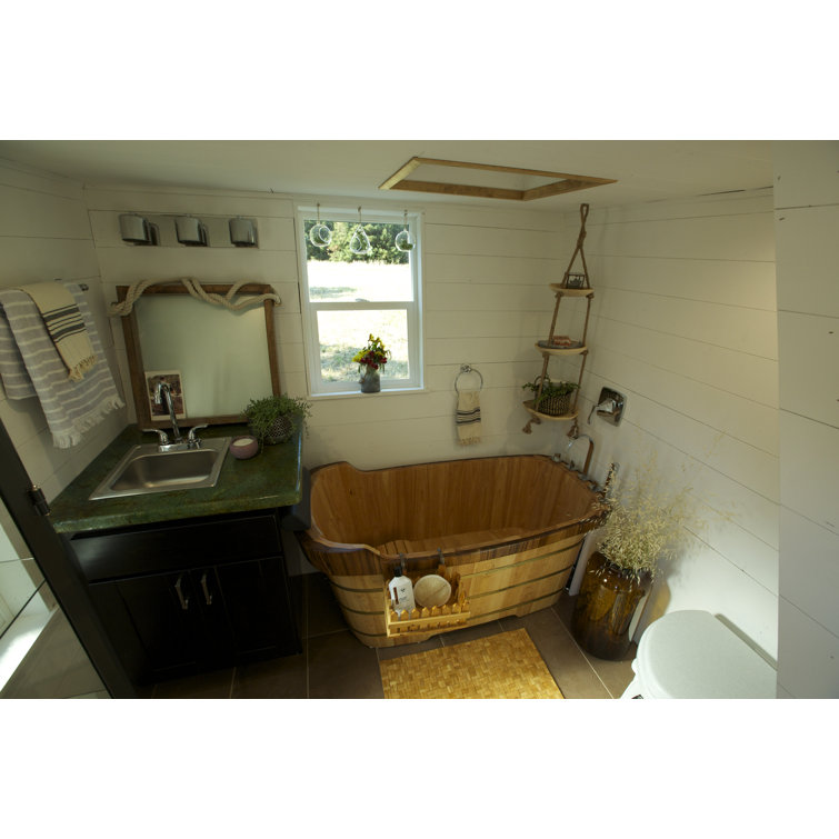 Natural Wood Freestanding Soaking Bathtub with Chrome Faucet