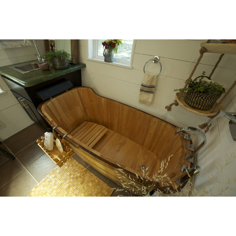 Natural Wood Freestanding Soaking Bathtub with Chrome Faucet