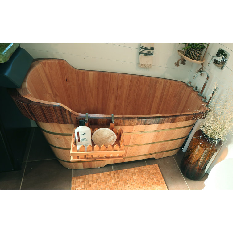 Natural Wood Freestanding Soaking Bathtub with Chrome Faucet