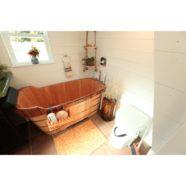 Natural Wood Freestanding Soaking Bathtub with Chrome Faucet