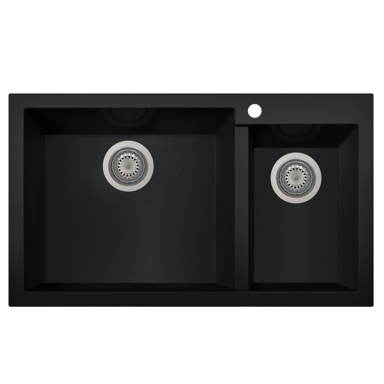 34'' Black Granite Double Bowl Drop-In Kitchen Sink