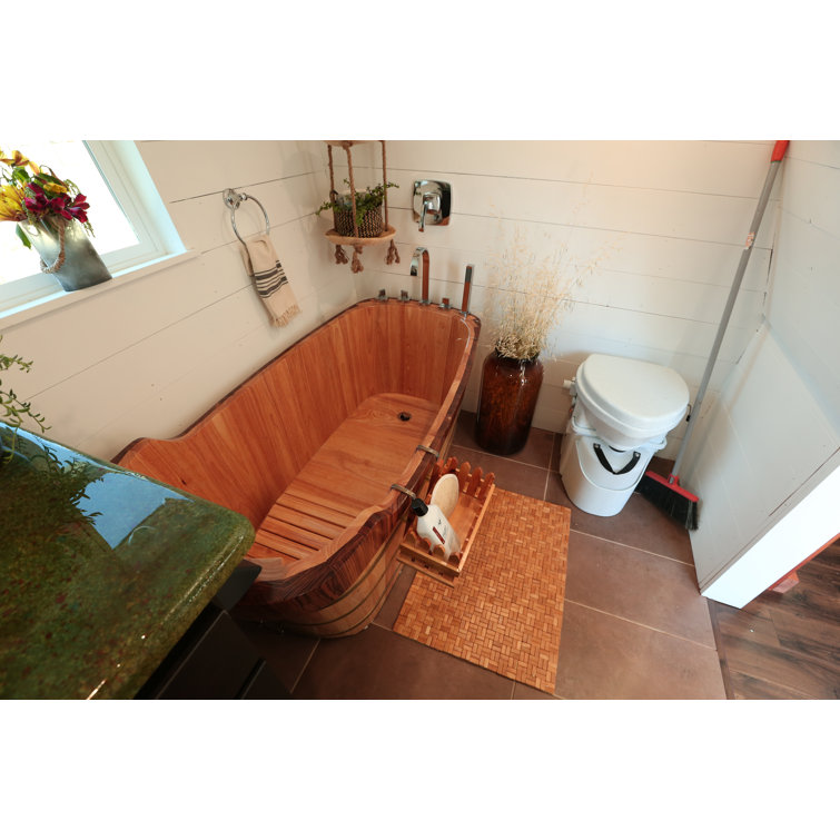 Natural Wood Freestanding Soaking Bathtub with Chrome Faucet
