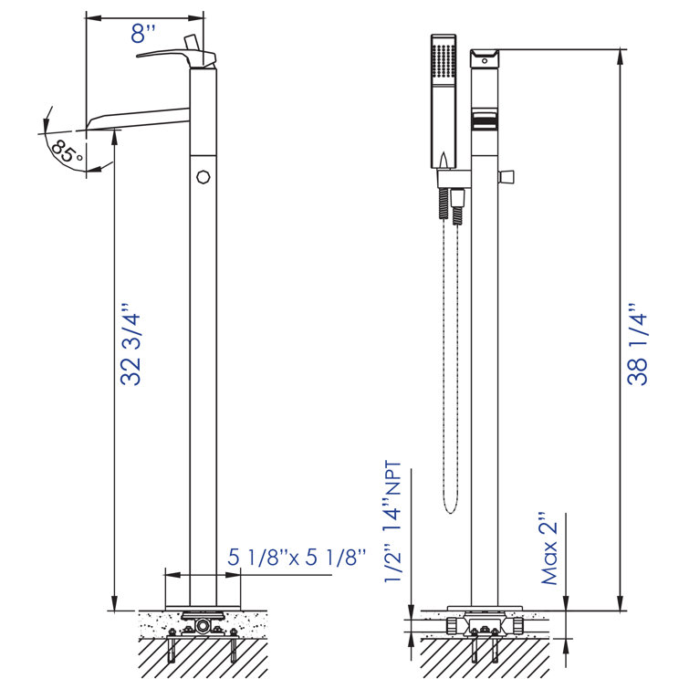 Brushed Nickel Floor Mounted Waterfall Tub Filler with Handheld Shower