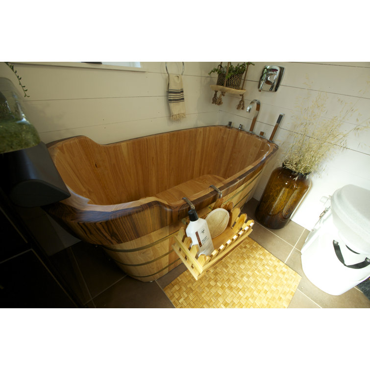 Natural Wood Freestanding Soaking Bathtub with Chrome Faucet