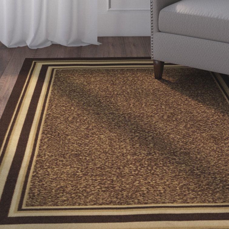 Brown Bordered Machine Washable Area Rug with Non-Slip Backing
