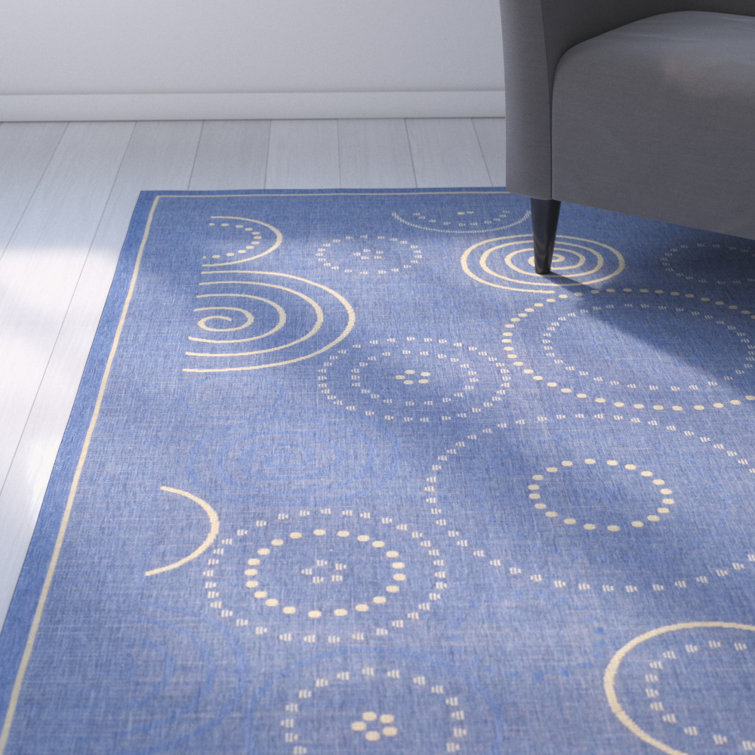 Rectangular 5' x 7' Blue and Natural Cotton Synthetic Rug