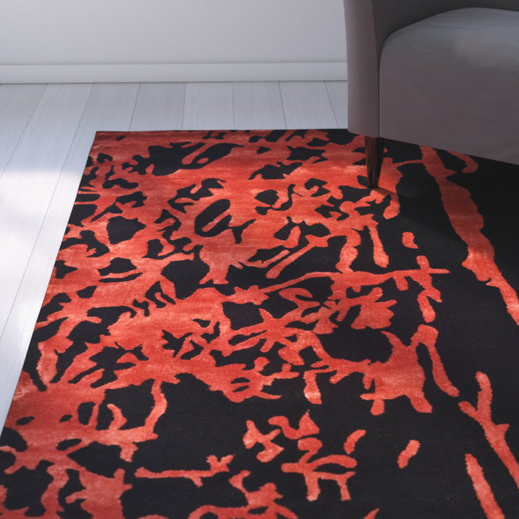 Handmade Black and Red Wool Abstract 5' x 8' Rug