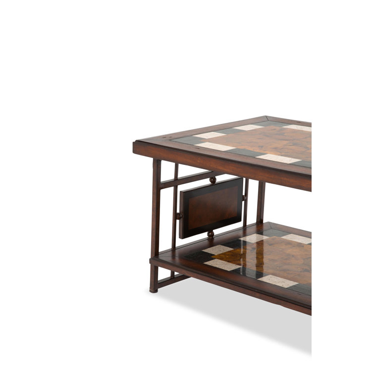 Industrial Rectangular 48" Wood & Metal Coffee Table with Brass Accents