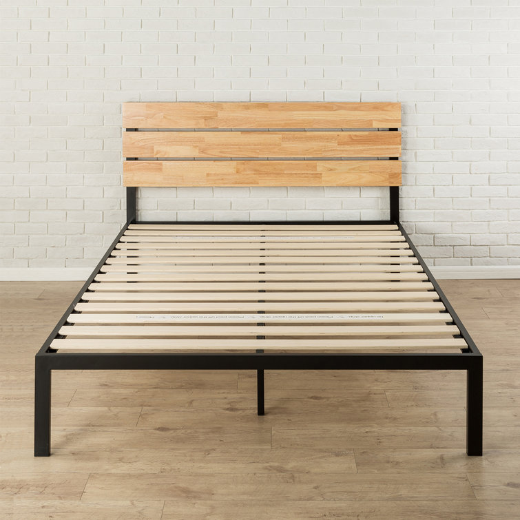 King Black Metal and Bamboo Wood Platform Bed with Slats and Drawer
