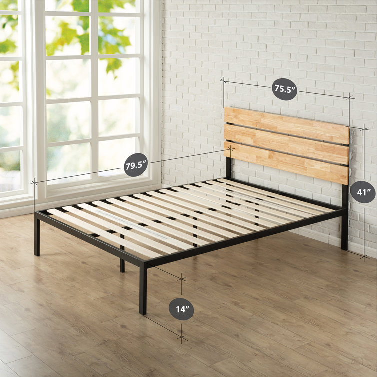King Black Metal and Bamboo Wood Platform Bed with Slats and Drawer